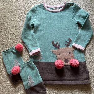 Max Studio Green and Brown Kids Dress with Reindeer Design